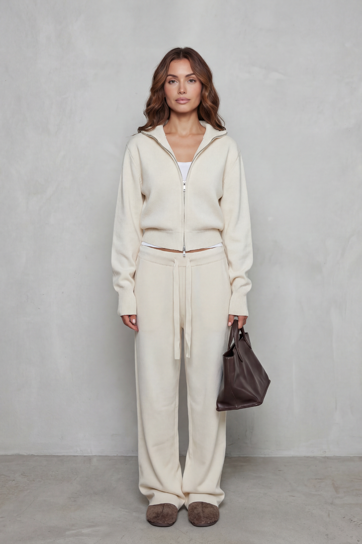 Women's Knit Zip-Up Cardigan and Trouser Lounge Set - Domiselle