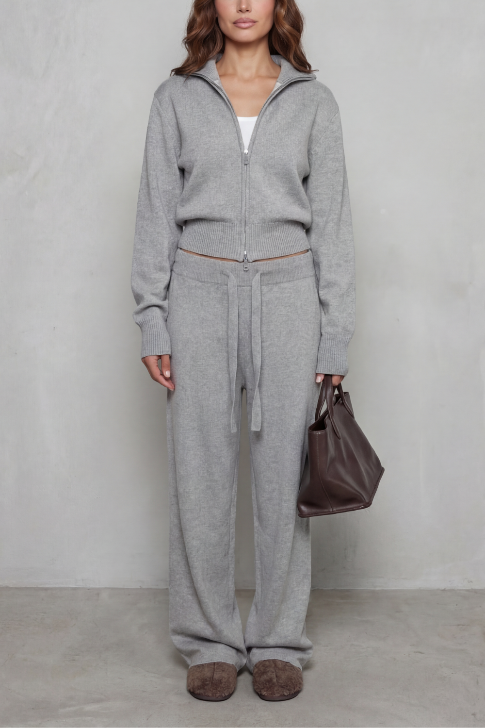 Women's Knit Zip-Up Cardigan and Trouser Lounge Set - Domiselle