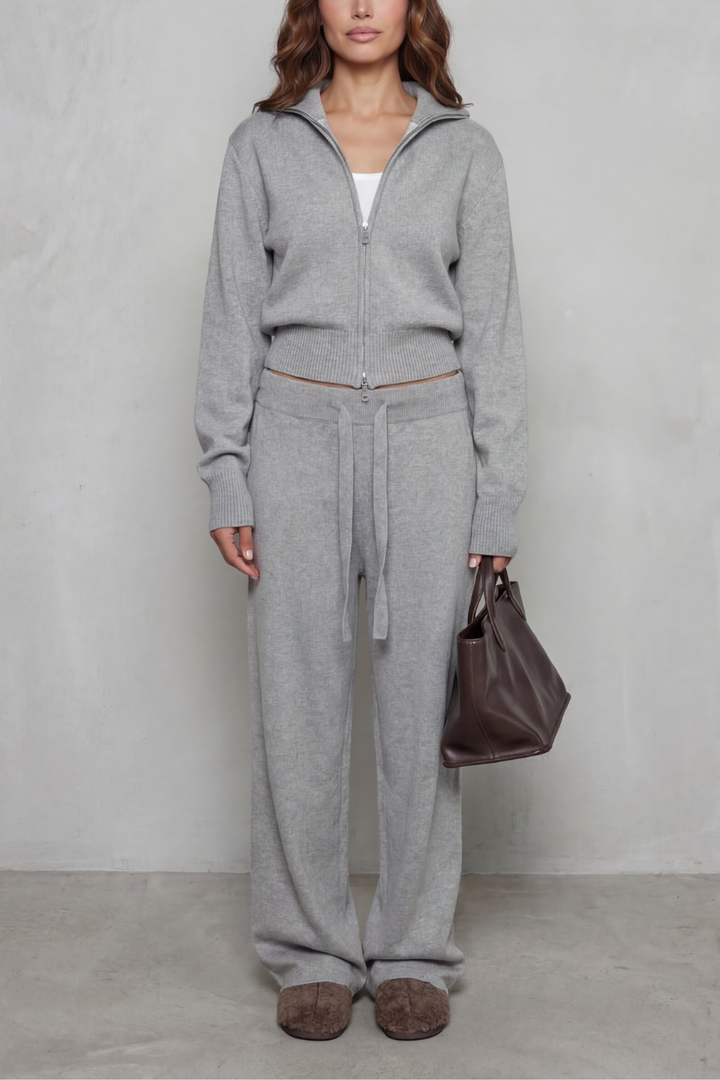 Women's Knit Zip-Up Cardigan and Trouser Lounge Set - Domiselle