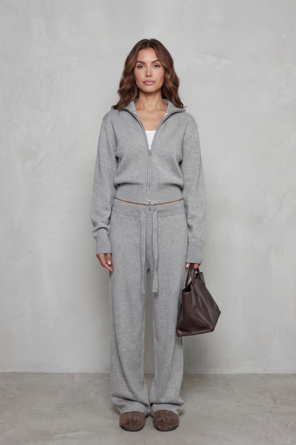 Women's Knit Zip-Up Cardigan and Trouser Lounge Set - Domiselle