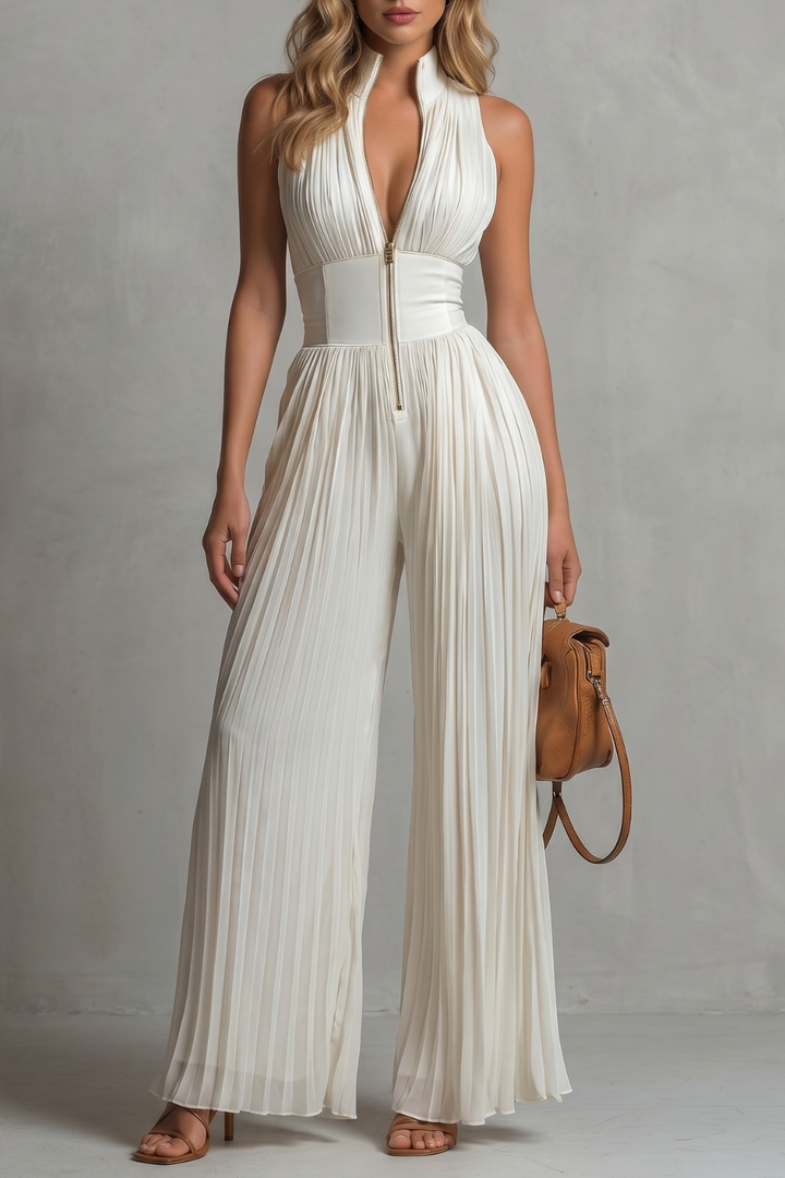 Women's Pleated Halter Neck Wide Leg Jumpsuit - Jolienne