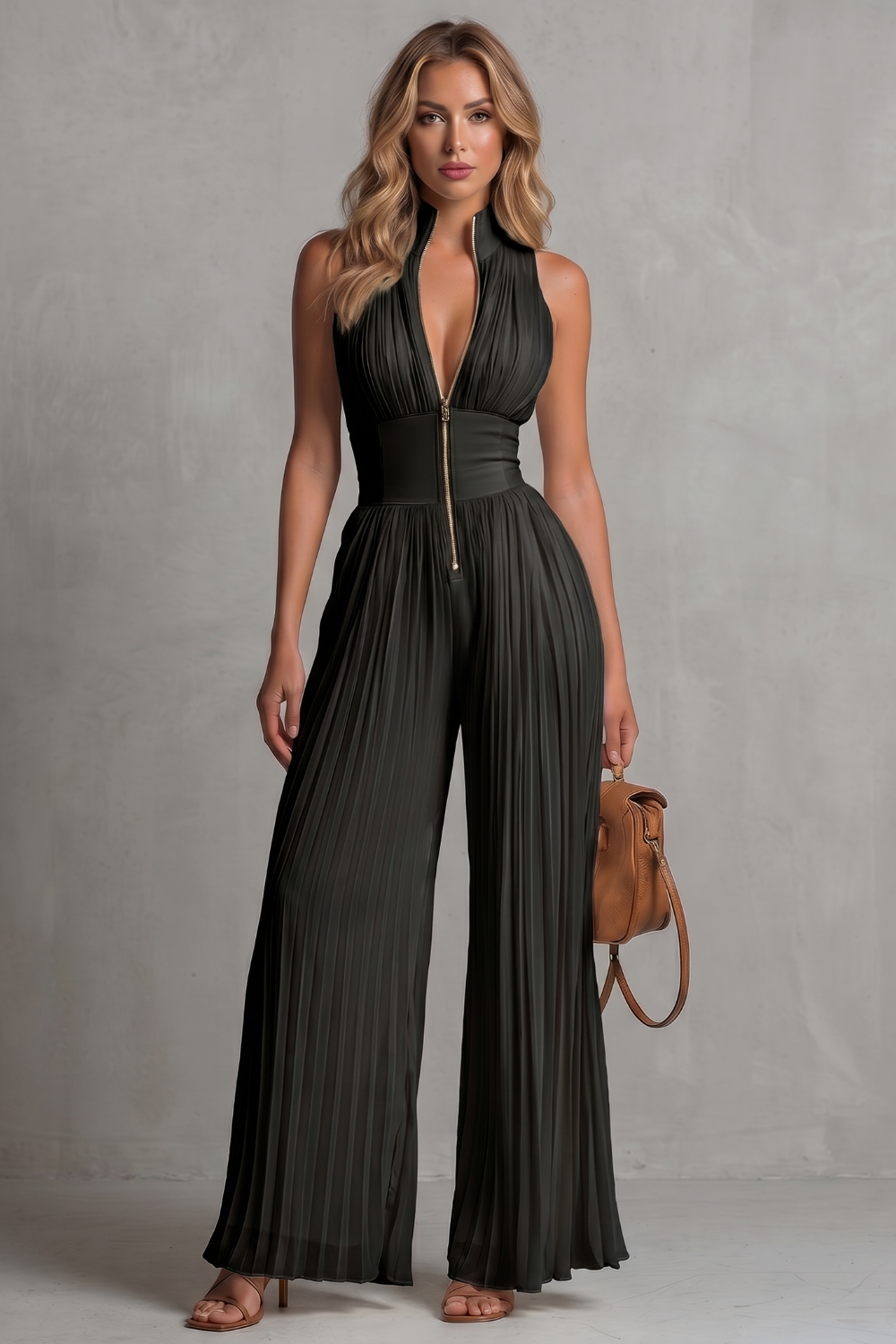Women's Pleated Halter Neck Wide Leg Jumpsuit - Jolienne