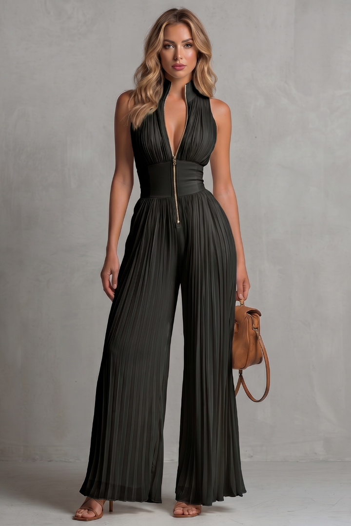 Women's Pleated Halter Neck Wide Leg Jumpsuit - Jolienne