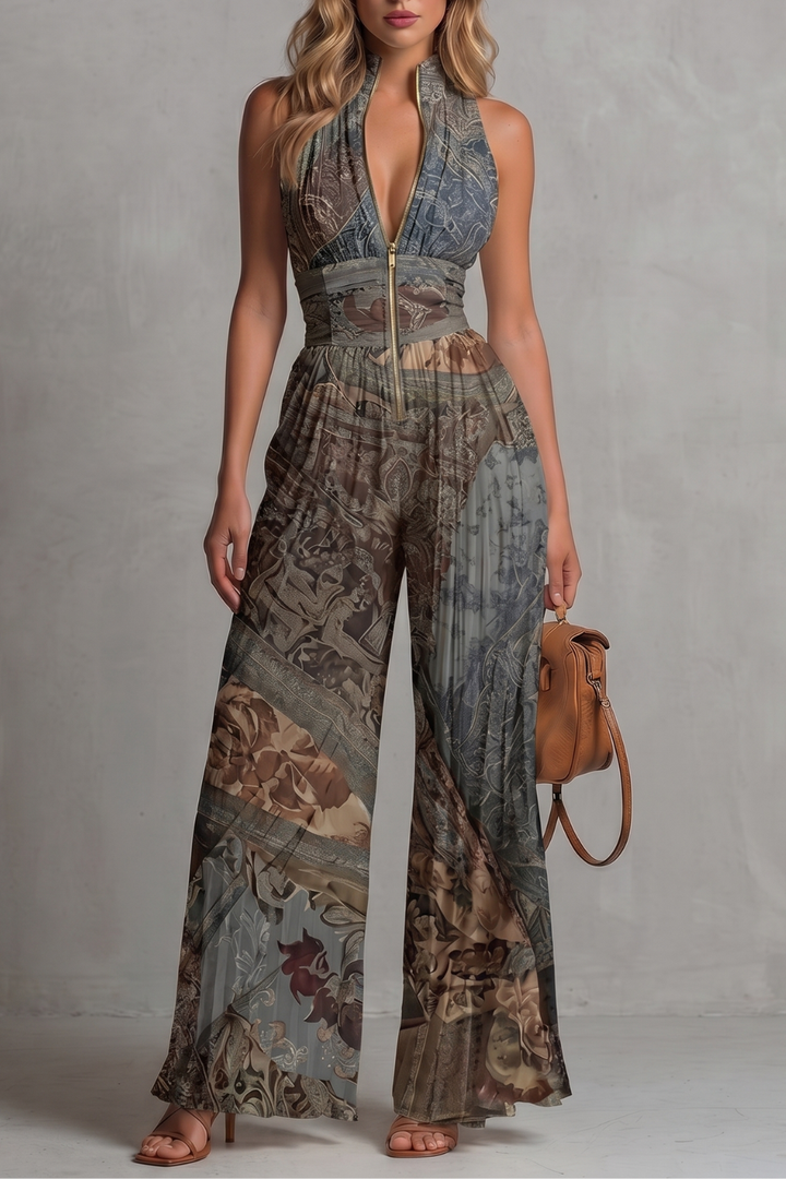 Women's Pleated Halter Neck Wide Leg Jumpsuit - Jolienne