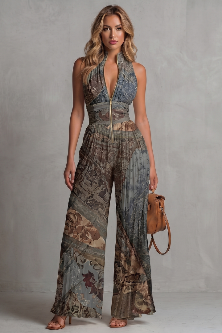 Women's Pleated Halter Neck Wide Leg Jumpsuit - Jolienne