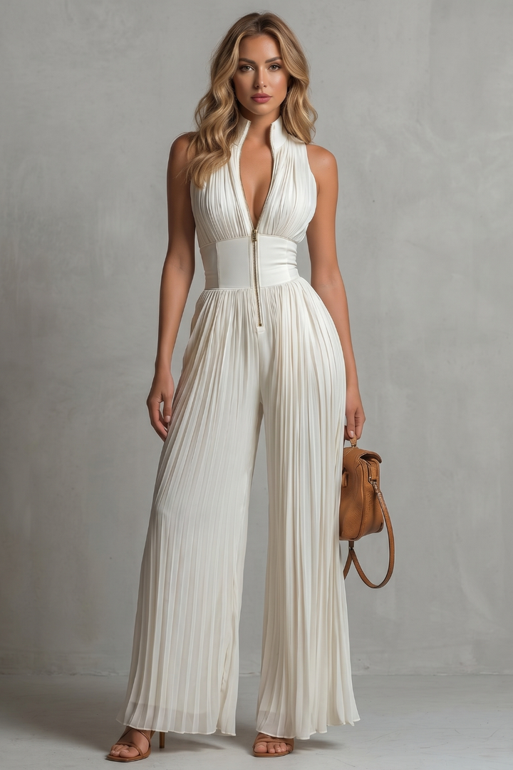 Women's Pleated Halter Neck Wide Leg Jumpsuit - Jolienne