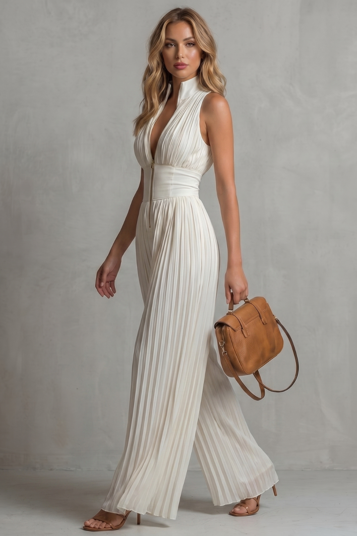 Women's Pleated Halter Neck Wide Leg Jumpsuit - Jolienne