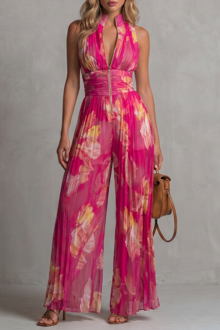 Women's Pleated Halter Neck Wide Leg Jumpsuit - Jolienne