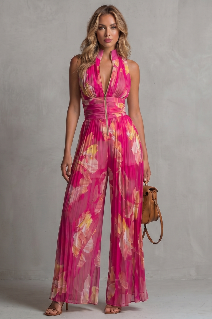 Women's Pleated Halter Neck Wide Leg Jumpsuit - Jolienne