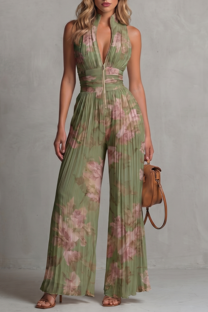 Women's Pleated Halter Neck Wide Leg Jumpsuit - Jolienne