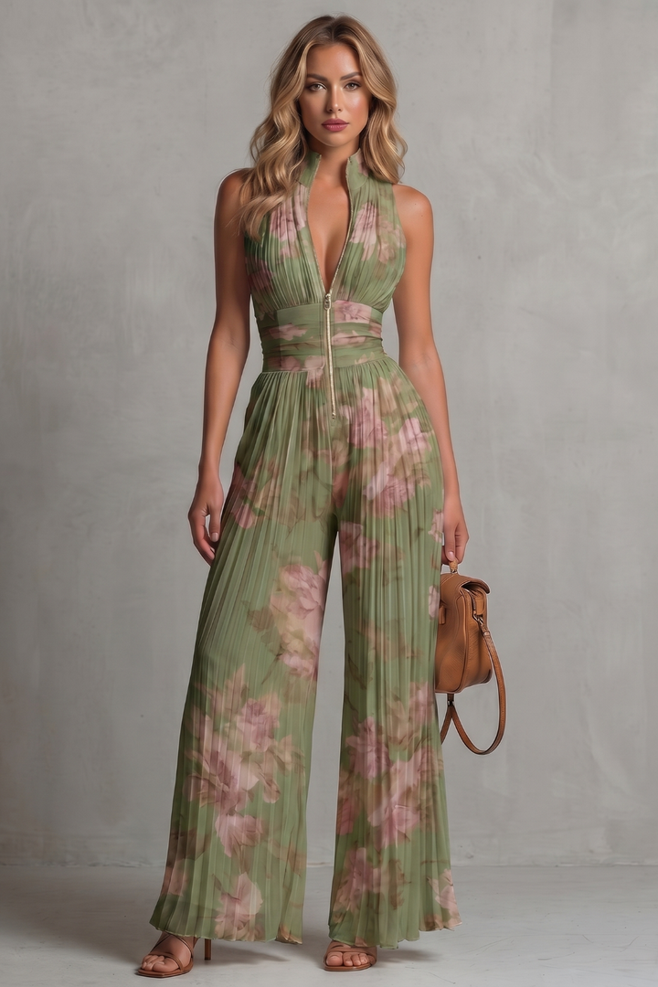 Women's Pleated Halter Neck Wide Leg Jumpsuit - Jolienne