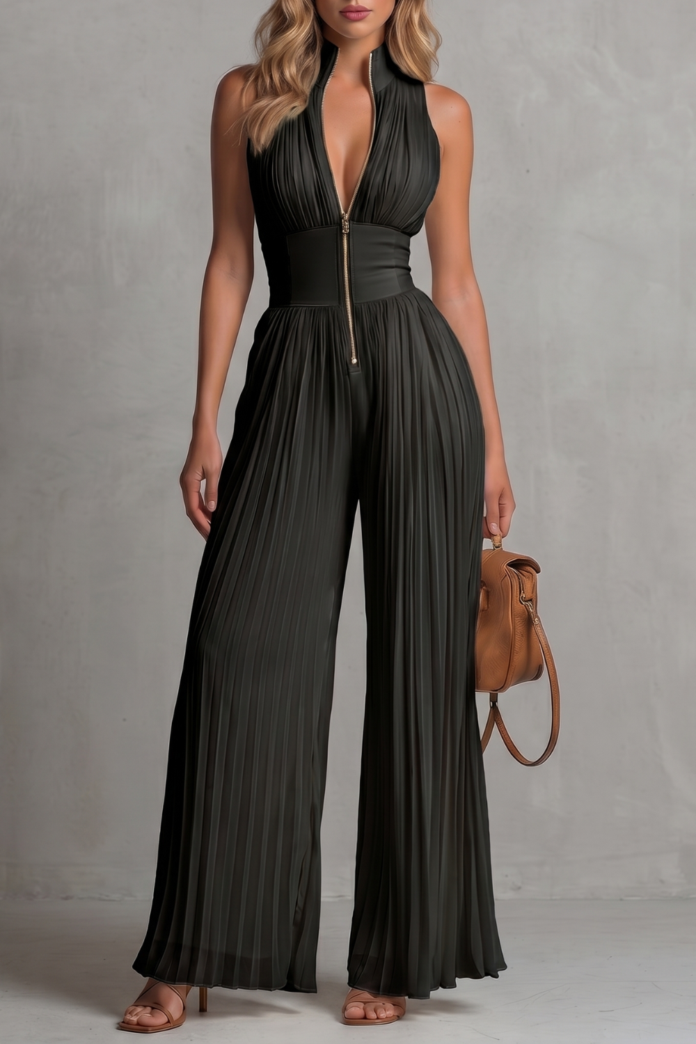 Women's Pleated Halter Neck Wide Leg Jumpsuit - Jolienne