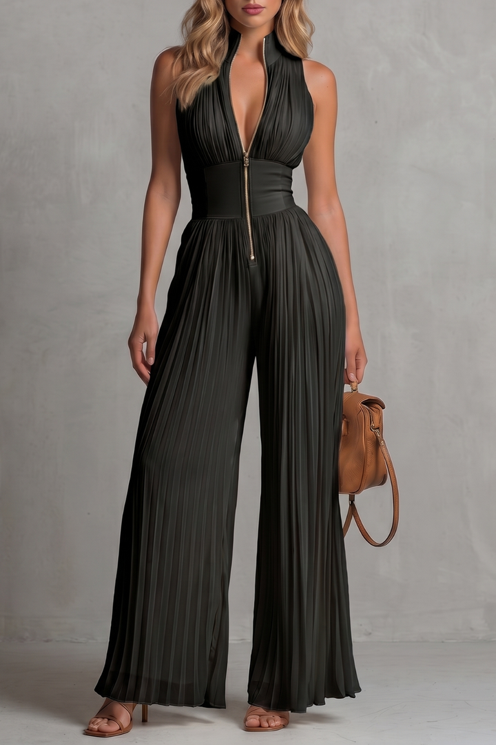 Women's Pleated Halter Neck Wide Leg Jumpsuit - Jolienne