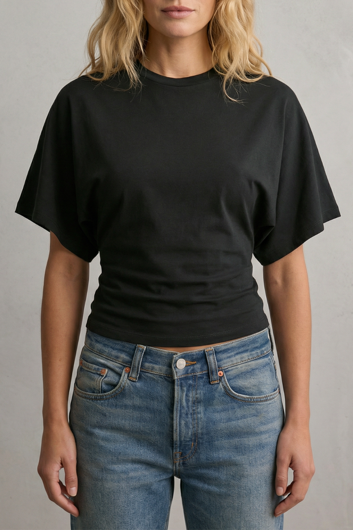 Women's Cropped Top with Draped Sleeves and Sculpted Waist - Ninelle