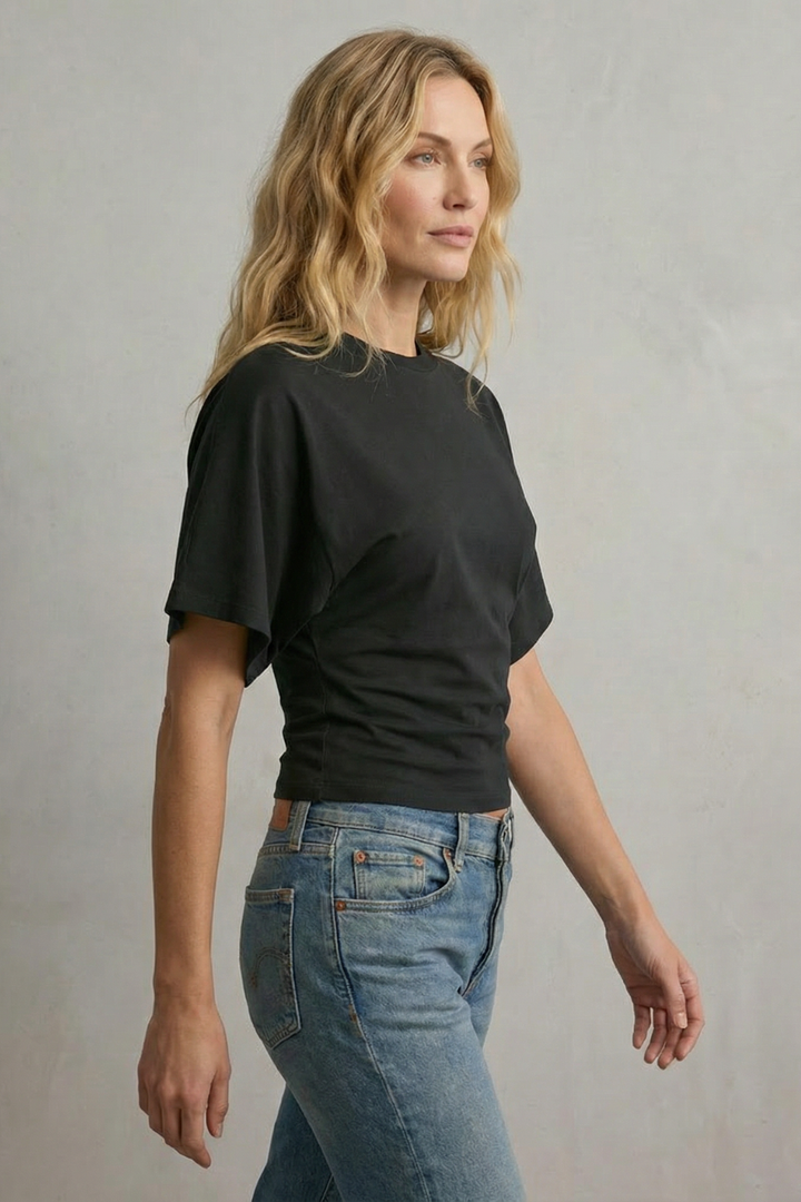 Women's Cropped Top with Draped Sleeves and Sculpted Waist - Ninelle