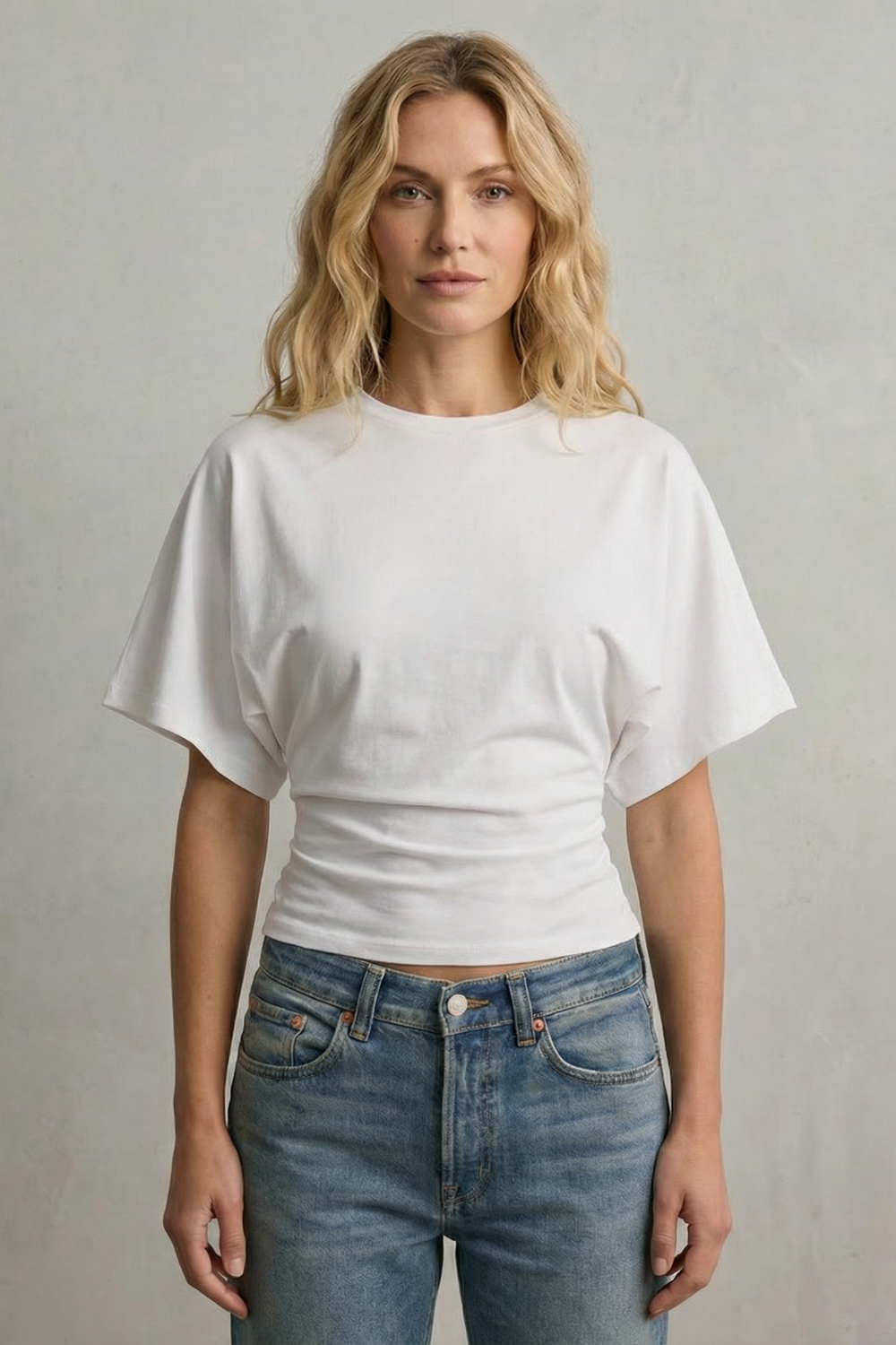 Women's Cropped Top with Draped Sleeves and Sculpted Waist - Ninelle