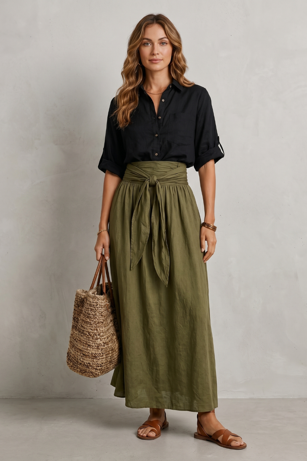 Women's Tie Waist Top and Maxi Skirt Co-ord Set - Aurvienne