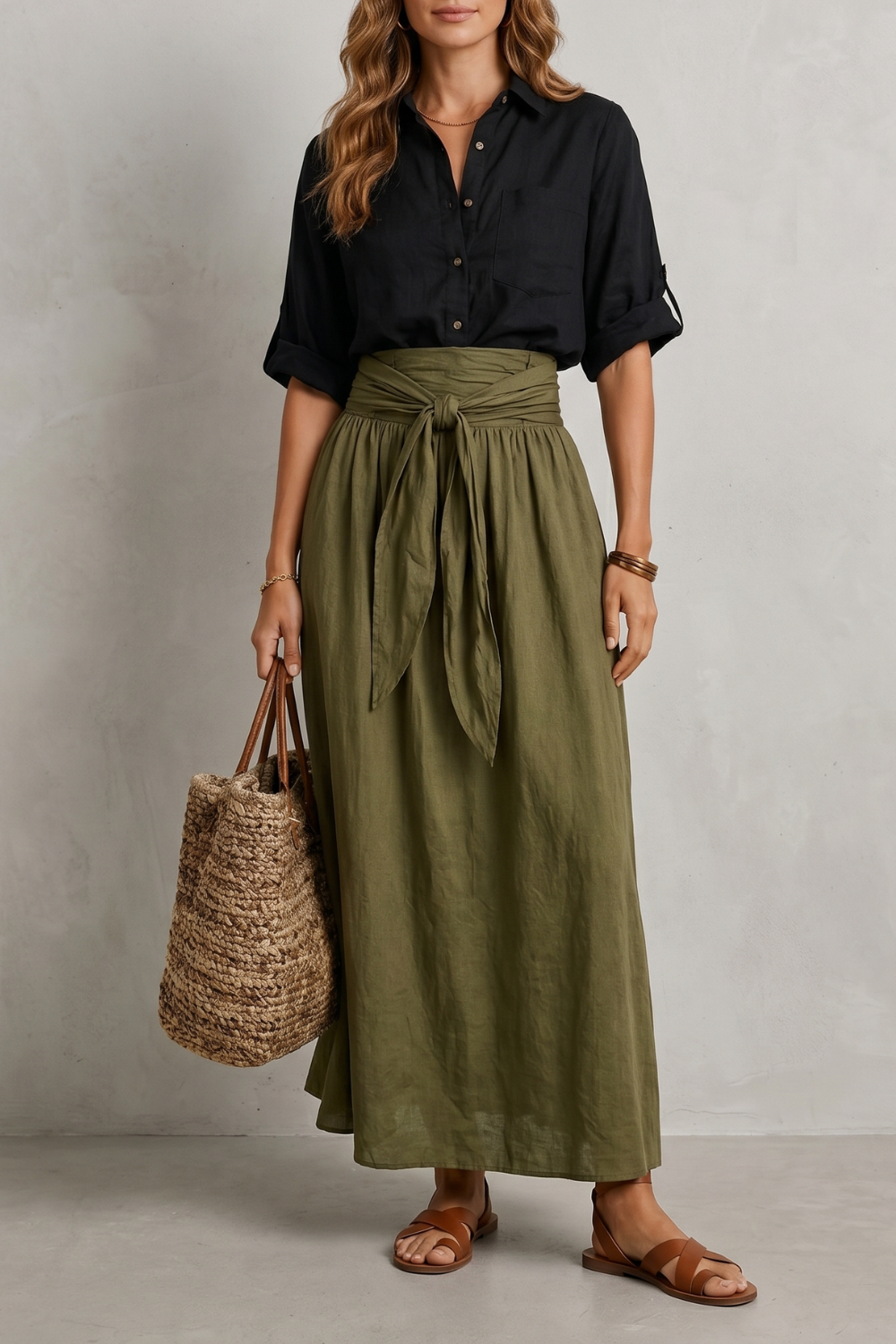 Women's Tie Waist Top and Maxi Skirt Co-ord Set - Aurvienne