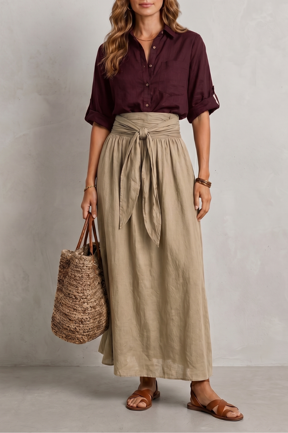 Women's Tie Waist Top and Maxi Skirt Co-ord Set - Aurvienne