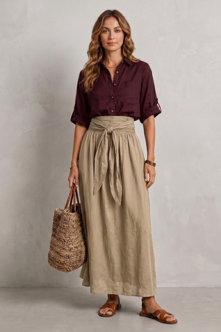 Women's Tie Waist Top and Maxi Skirt Co-ord Set - Aurvienne