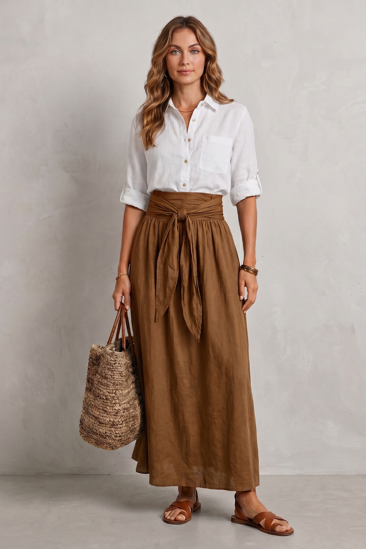Women's Tie Waist Top and Maxi Skirt Co-ord Set - Aurvienne