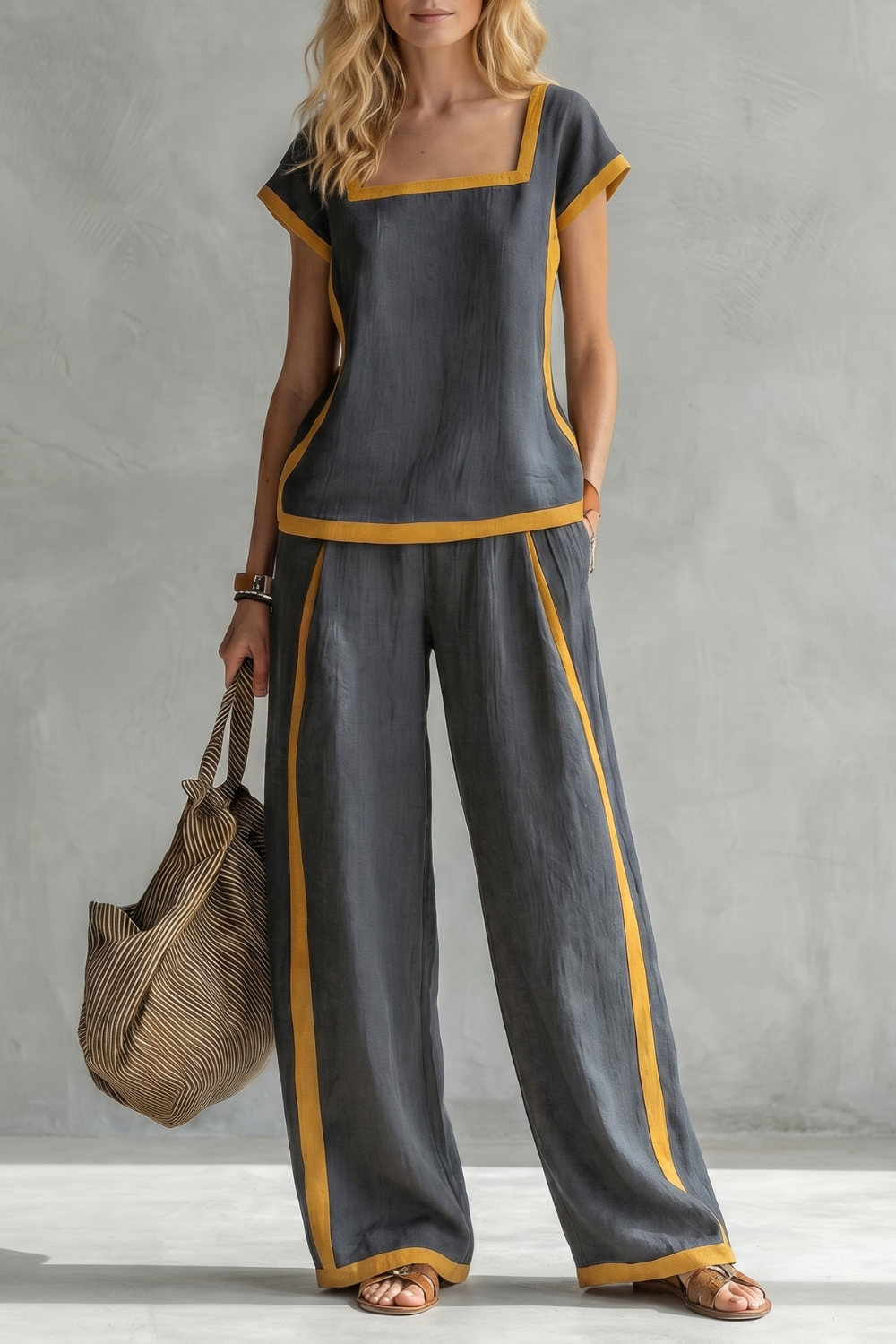 Women's Linen Square Neck Top and Trouser Co-ord Set - Cassielle