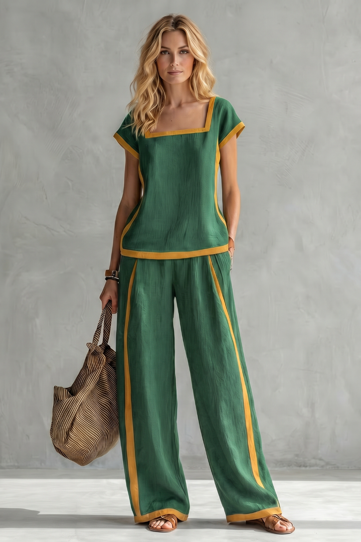 Women's Linen Square Neck Top and Trouser Co-ord Set - Cassielle