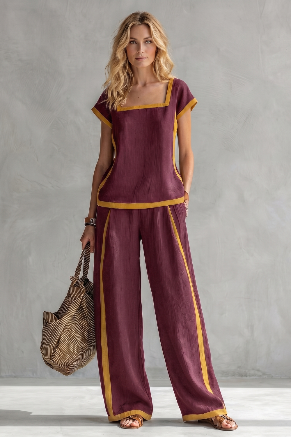 Women's Linen Square Neck Top and Trouser Co-ord Set - Cassielle