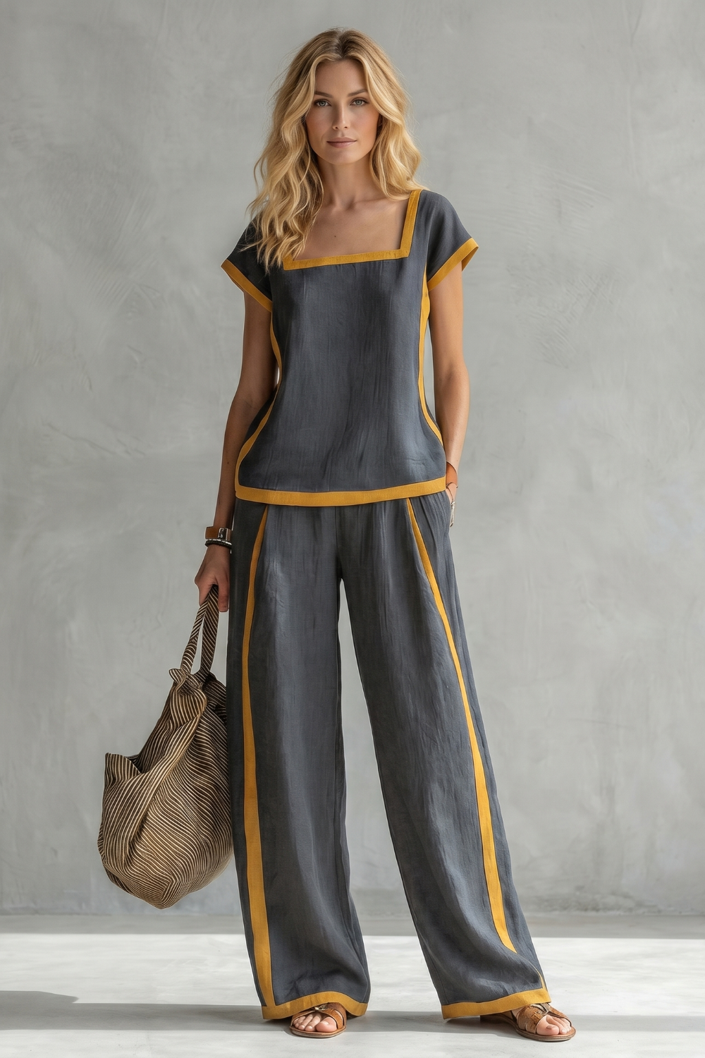 Women's Linen Square Neck Top and Trouser Co-ord Set - Cassielle