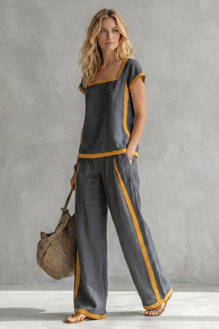 Women's Linen Square Neck Top and Trouser Co-ord Set - Cassielle