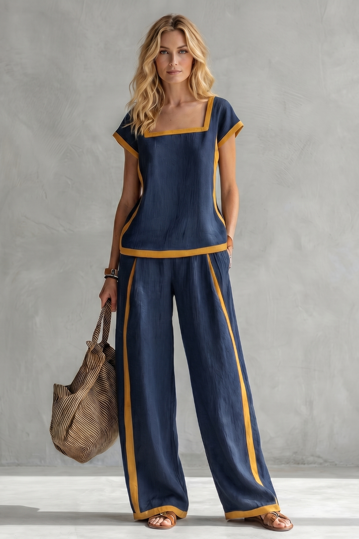 Women's Linen Square Neck Top and Trouser Co-ord Set - Cassielle