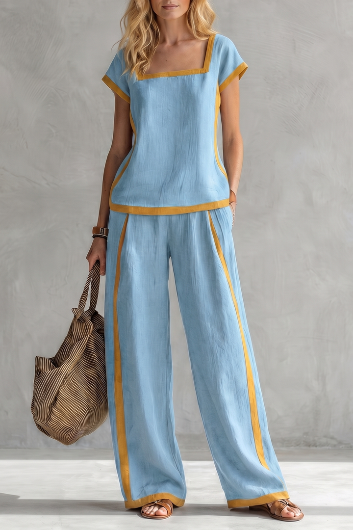 Women's Linen Square Neck Top and Trouser Co-ord Set - Cassielle