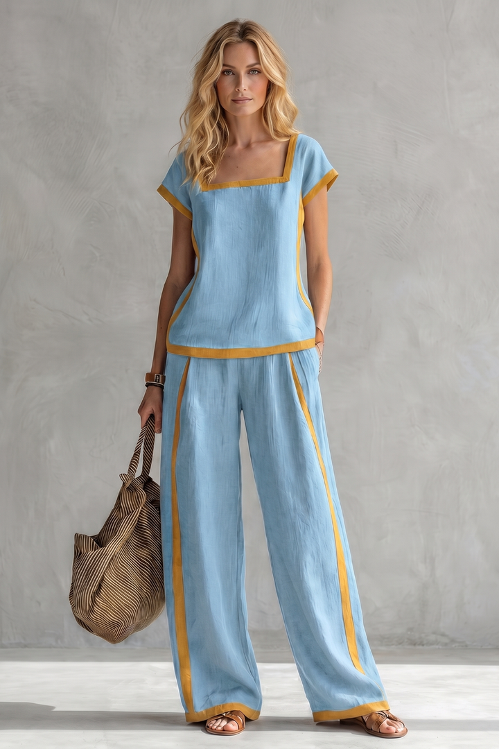 Women's Linen Square Neck Top and Trouser Co-ord Set - Cassielle