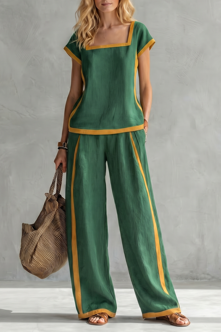 Women's Linen Square Neck Top and Trouser Co-ord Set - Cassielle