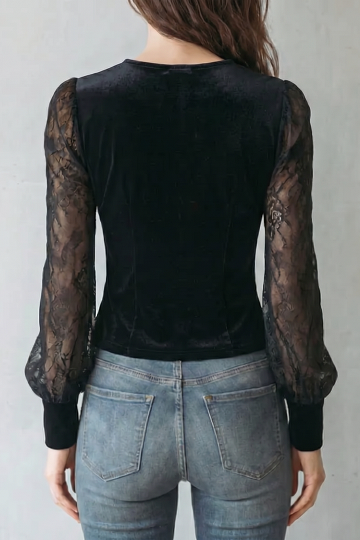 Women's Velvet Blouse with Sheer Lace Sleeves - Ophrelle