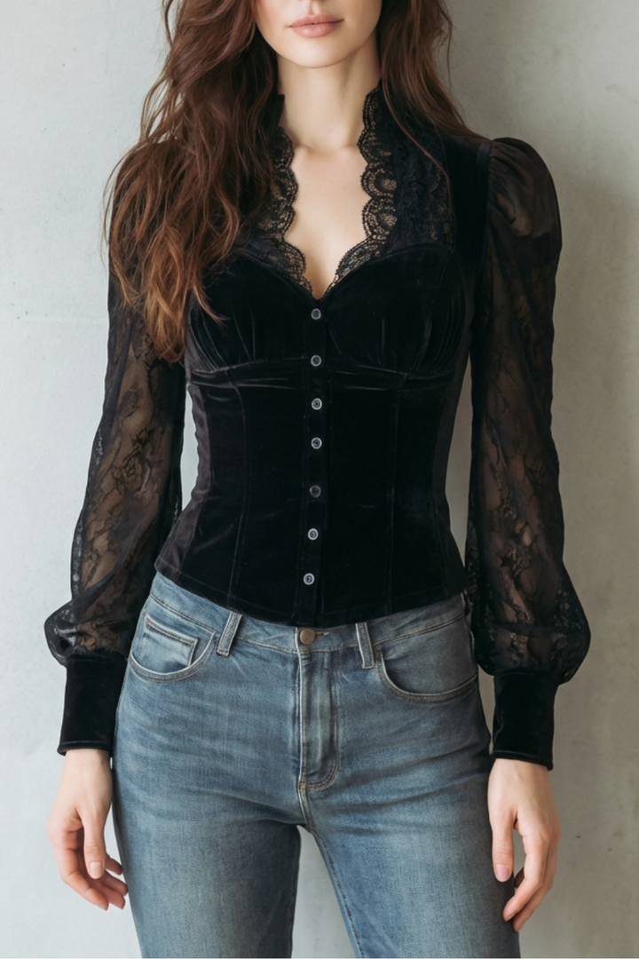 Women's Velvet Blouse with Sheer Lace Sleeves - Ophrelle