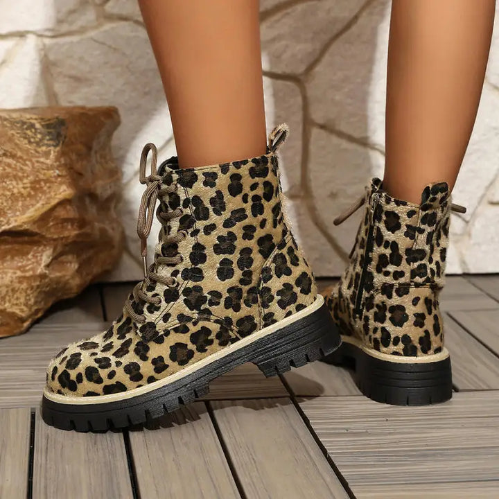 Women's Leopard Suede-Look Lace-Up Ankle Boots – Evangeline
