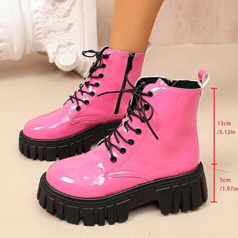 Women's Waterproof Combat Boots - Astrid in Pink – front view with shaft and platform height