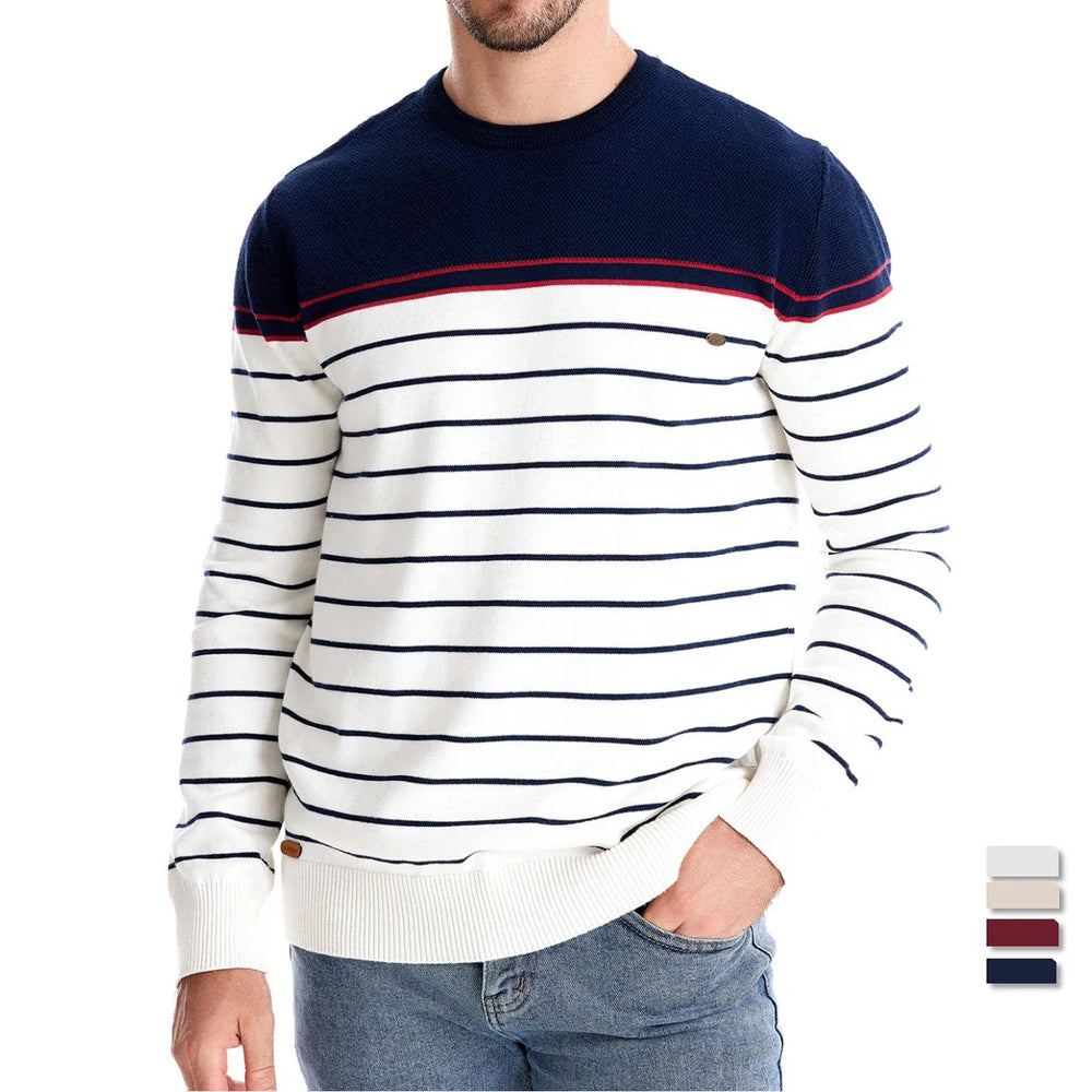 Men's striped crew neck jumper in navy and white – Ashdown – worn by model