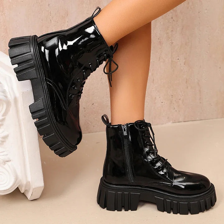Women's Waterproof Combat Boots - Astrid in Black – side zip view