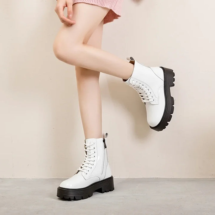 Women's Patent Platform Combat Boots - Brielle in White – on-foot view