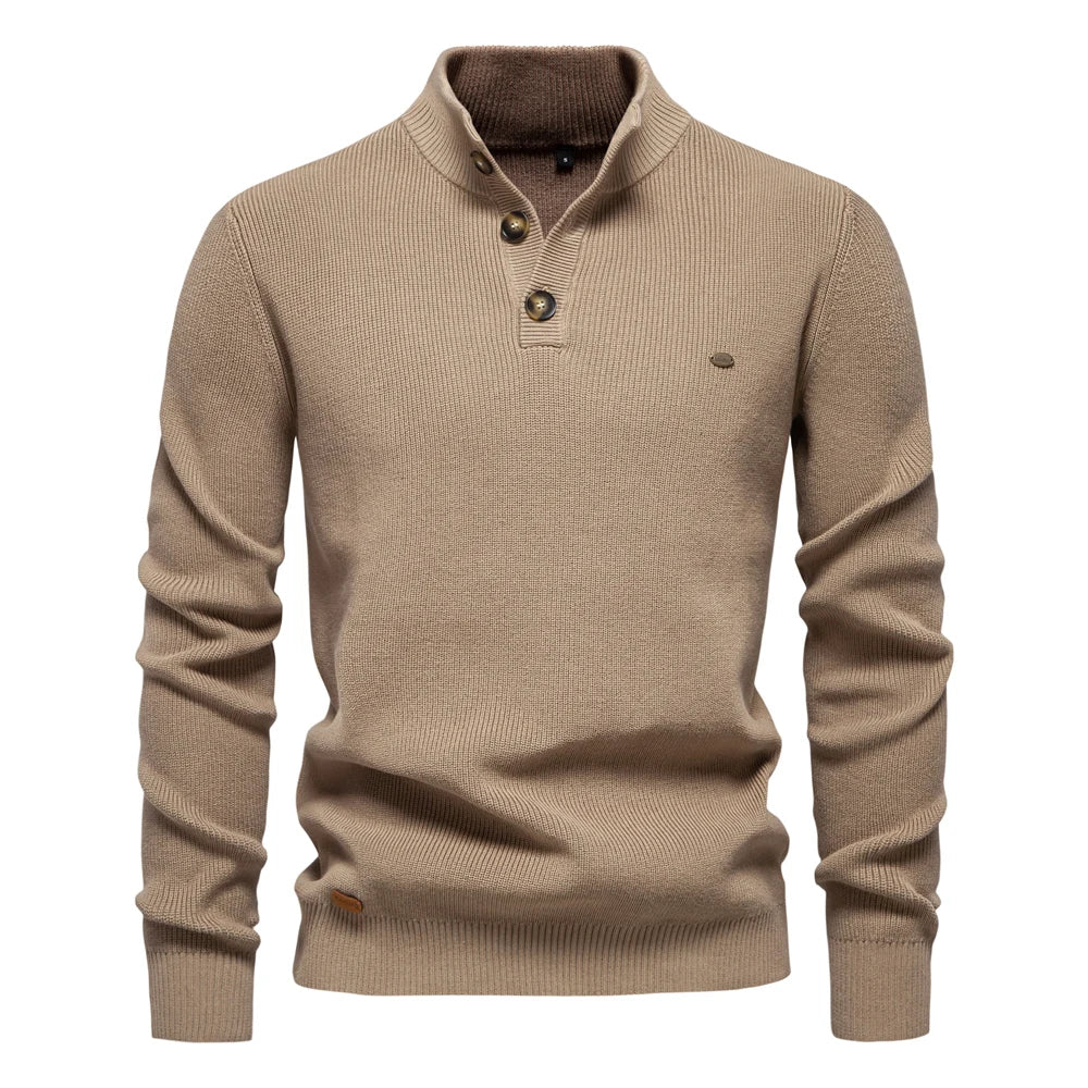 Men's ribbed button neck jumper in khaki – Ronan – front view