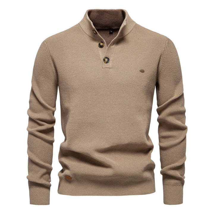 Men's ribbed button neck jumper in khaki – Ronan – front view