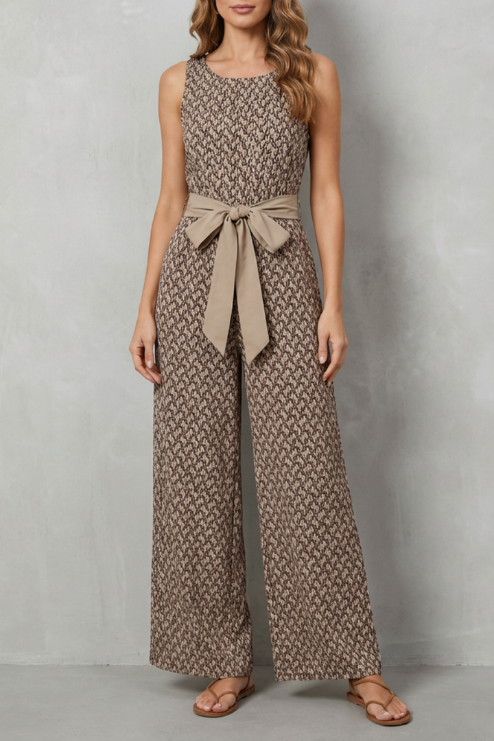 Women's Printed V Neck Wide Leg Jumpsuit with Tie Waist - Maelisse