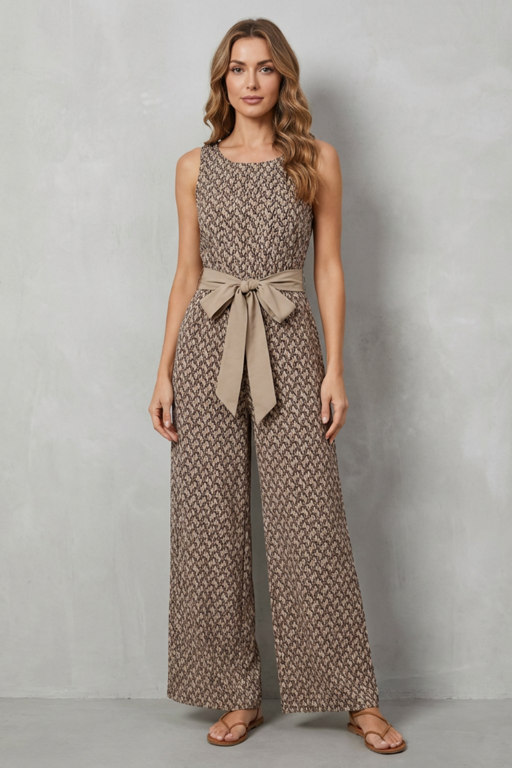 Women's Printed V Neck Wide Leg Jumpsuit with Tie Waist - Maelisse