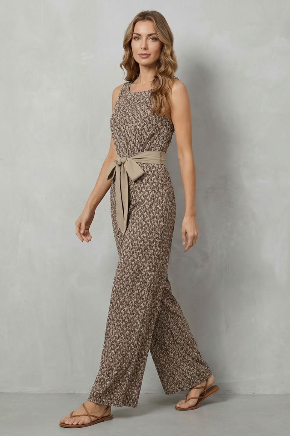 Women's Printed V Neck Wide Leg Jumpsuit with Tie Waist - Maelisse