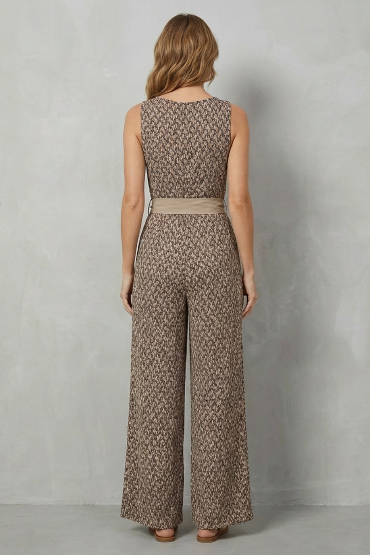Women's Printed V Neck Wide Leg Jumpsuit with Tie Waist - Maelisse