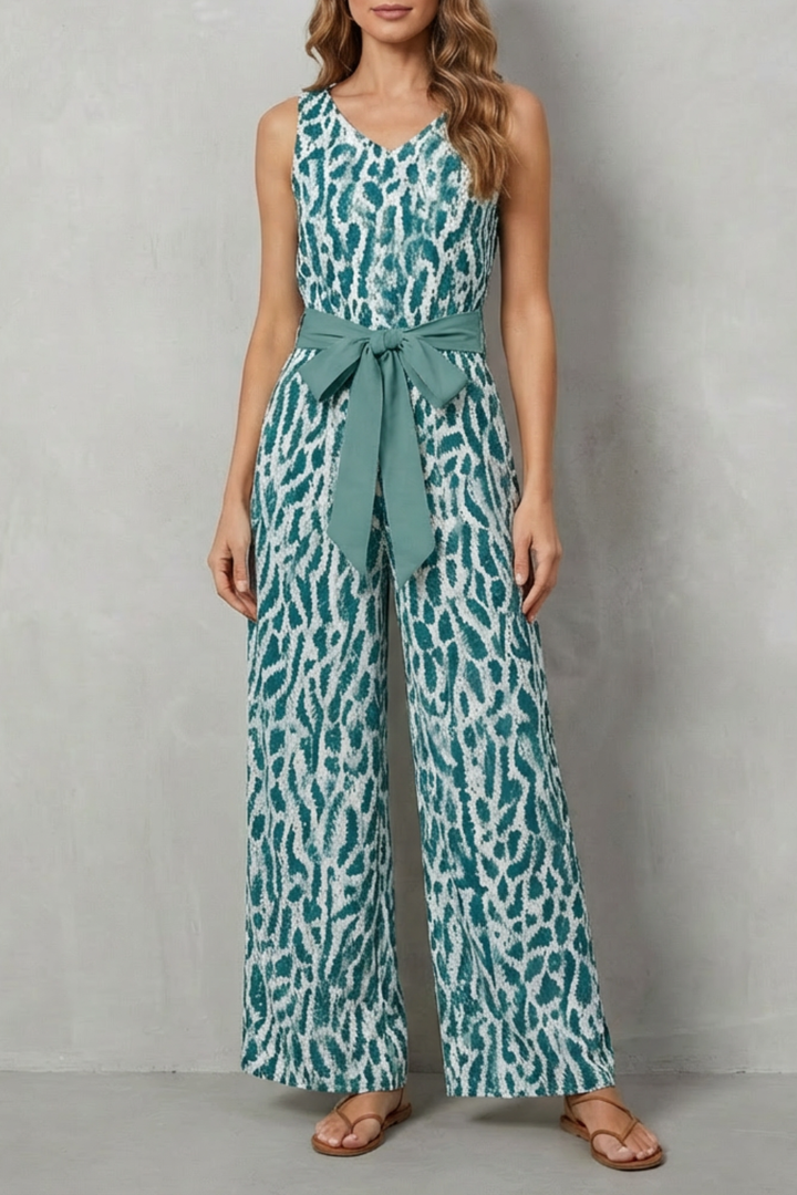 Women's Printed V Neck Wide Leg Jumpsuit with Tie Waist - Maelisse