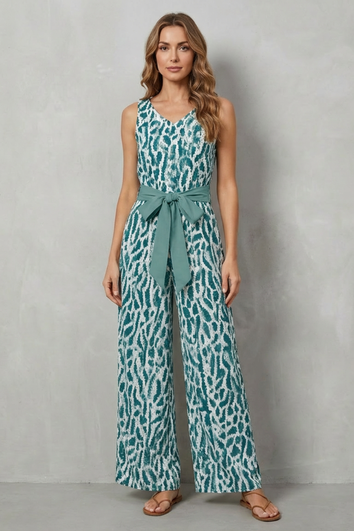 Women's Printed V Neck Wide Leg Jumpsuit with Tie Waist - Maelisse