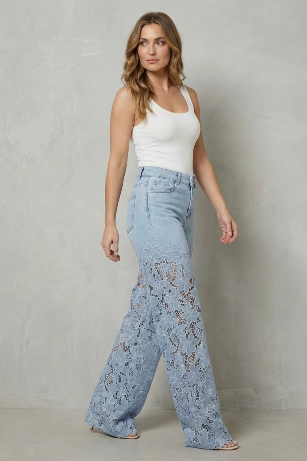 Women's Wide Leg Jeans with Floral Lace Panels - Orianne